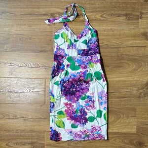 Boden 100% Cotton Floral Halter Midi Dress - Purple and Green Size 2